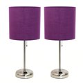 Diamond Sparkle Brushed Steel Stick Table Lamp with Charging Outlet & Fabric Shade, Purple - Set of 2 DI2519785